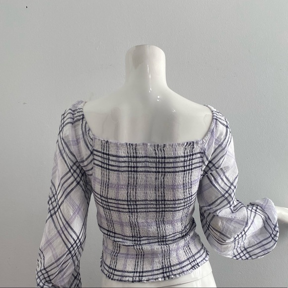 INC Women's Blouse White Size Large M Knit Plaid Metallic Smocked (D) - Picture 5 of 6